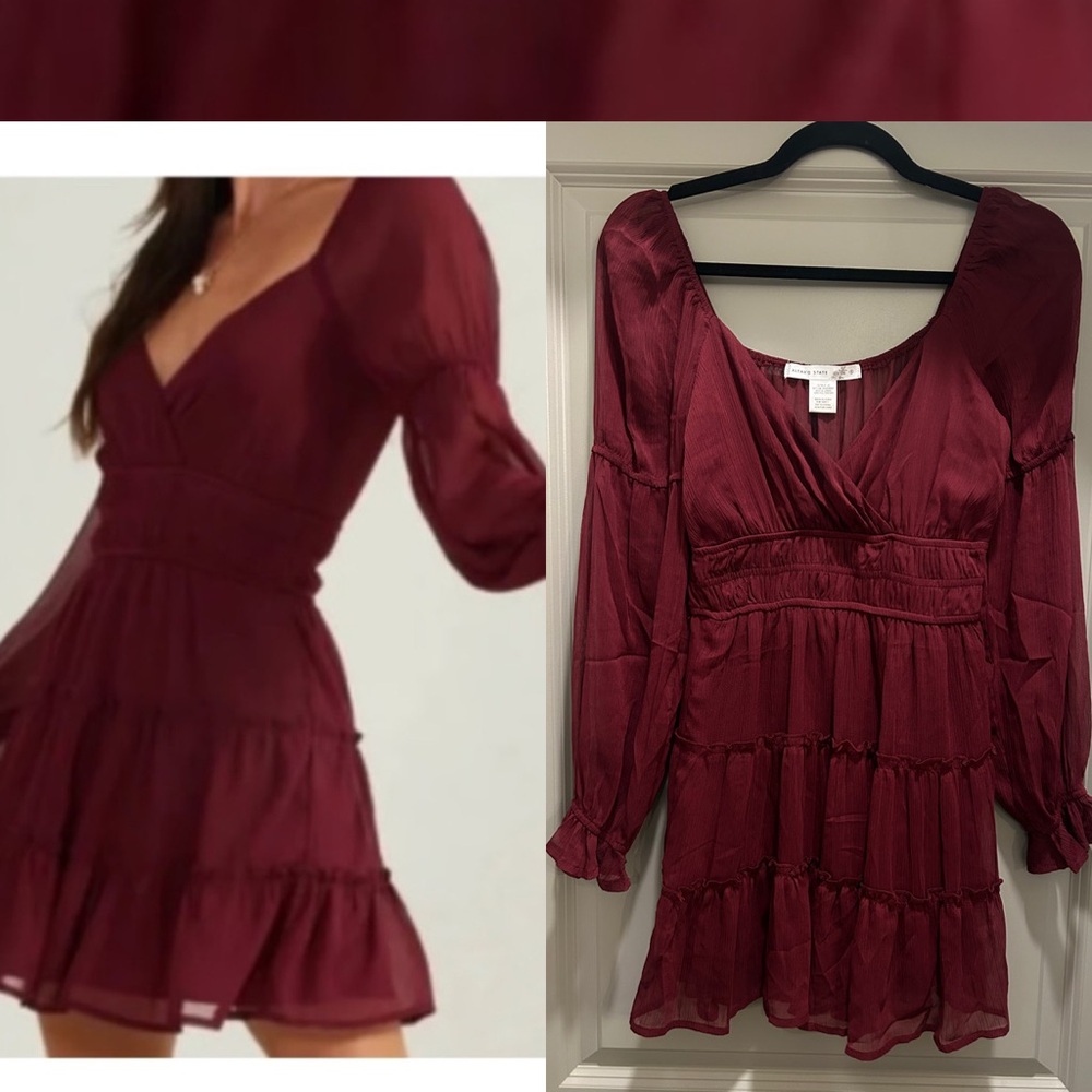 Altard State (S) Burgundy Brynn Long Sleeved Dress Mini Puff Sleeve V neck Dress